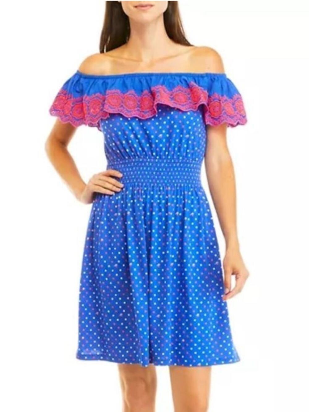 LILLY PULITZER size XS Polka Dot Off-Shoulder 100% cotton woman's dress
